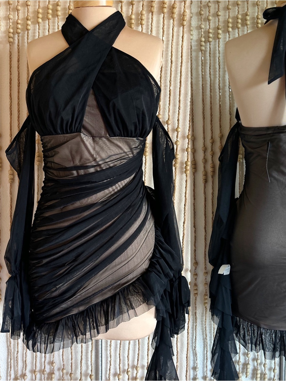 EDGE Mesh Black Nude Halter Ruched Ruffle Off Shoulder Sheer Long Sleeve Mini